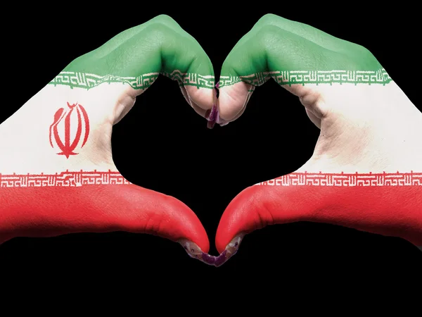 Coração e gesto de amor por mãos coloridas em bandeira irana para touris — Fotografia de Stock