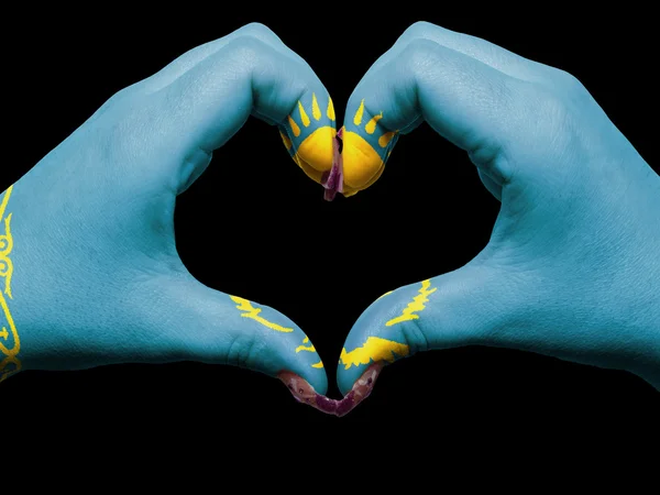 Kolorowe serca i miłości gest rękoma w Kazachstanie flaga t — Zdjęcie stockowe
