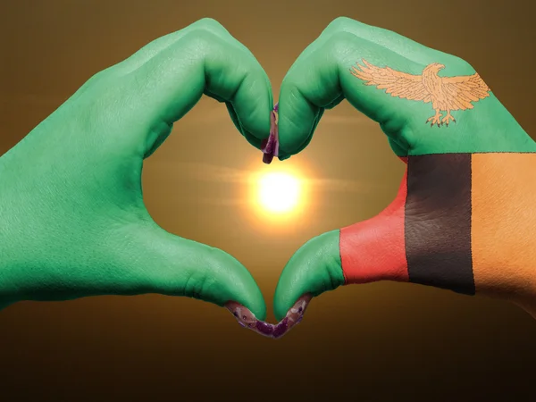 心和爱的姿态由在赞比亚国旗色的手被 — 图库照片