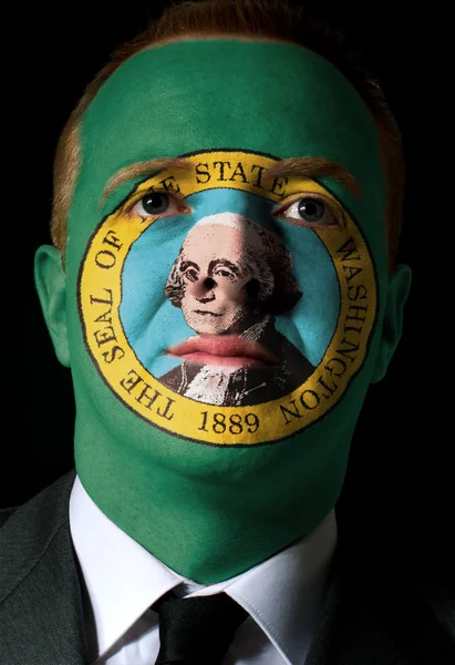 Us state of washington flag painted face of businessman or polit — Stock Photo, Image