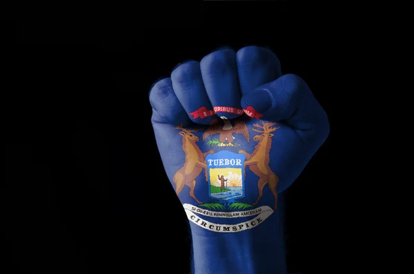 Fist painted in colors of us state of michigan flag — Stock Photo, Image