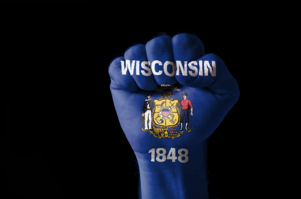 Fist painted in colors of us state of wisconsin flag — Stock Photo, Image