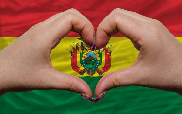 Over national flag of bolivia showed heart and love gesture made — Stock Photo, Image