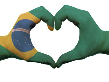 Heart and love gesture in brazil flag colors by hands isolated o clipart