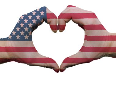 Heart and love gesture in usa flag colors by hands isolated on w clipart