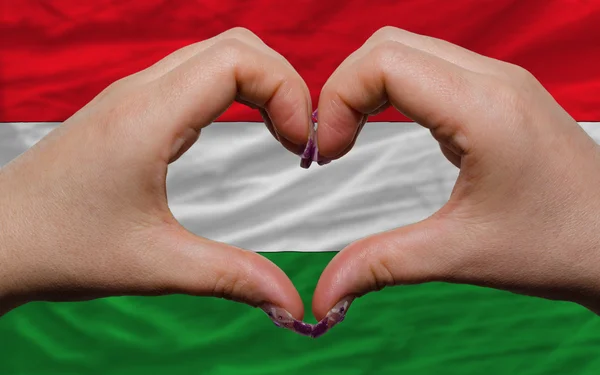 Sopra bandiera nazionale di ungherese ha mostrato cuore e amore gesto fatto — Foto Stock