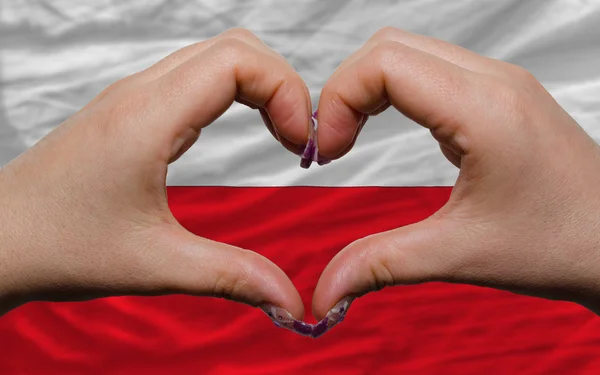 Sobre la bandera nacional de Polonia mostró el corazón y el gesto de amor hecho —  Fotos de Stock