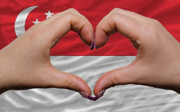 Над национальным флагом Сингапура проявили сердце и любовь жест ма — стоковое фото