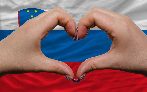Over national flag of slovenia showed heart and love gesture mad — Stock Photo, Image