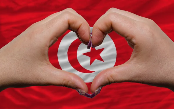 Sur le drapeau national de la Tunisie a montré le cœur et l'amour geste fait — Photo