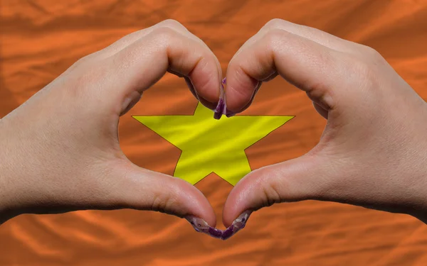 Over national flag of vietnam showed heart and love gesture made — Stock Photo, Image