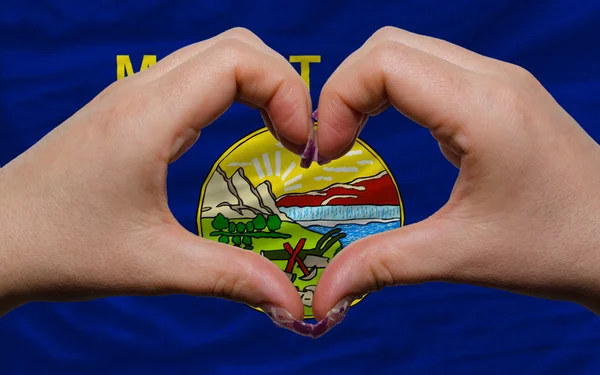 Над американским флагом штата Монтана показали жест любви и сердца — стоковое фото