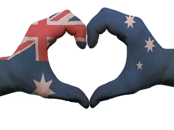 Herz und Liebesgeste in den australischen Flaggenfarben an den Händen isolieren — Stockfoto