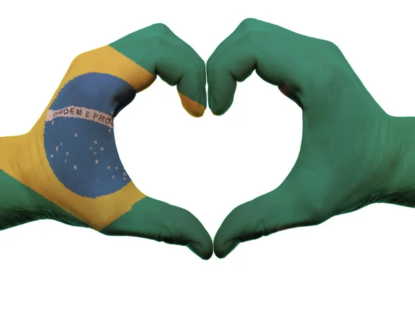 Corazón y gesto de amor en colores de bandera brasileña por manos aisladas o — Foto de Stock