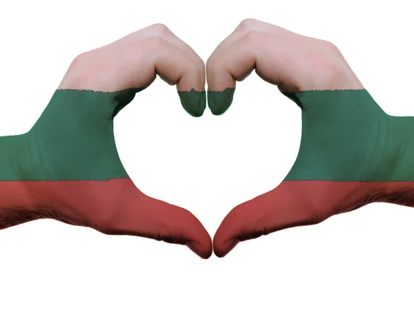 Herz- und Liebesgeste in den Farben der bulgarischen Flagge an isolierten Händen — Stockfoto