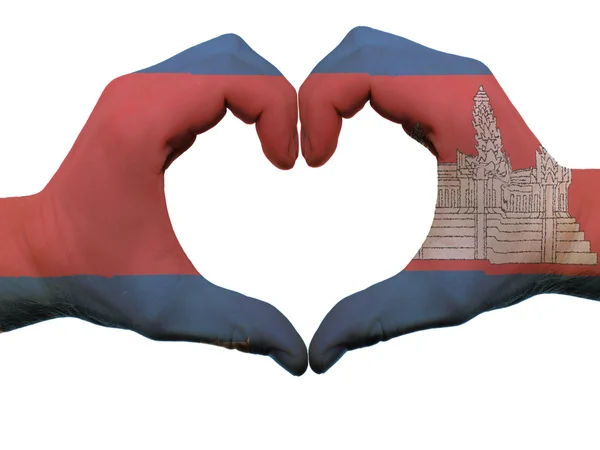 Herz und Liebe Geste in Kambodscha Flagge Farben von Händen isoliert — Stockfoto