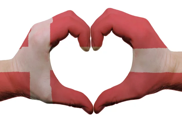 Serca i miłości gest w Danii flaga kolory przez ręce na białym tle — Zdjęcie stockowe