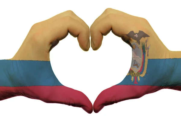 Herz und Liebe Geste in Ecuador Flagge Farben von Händen isoliert — Stockfoto