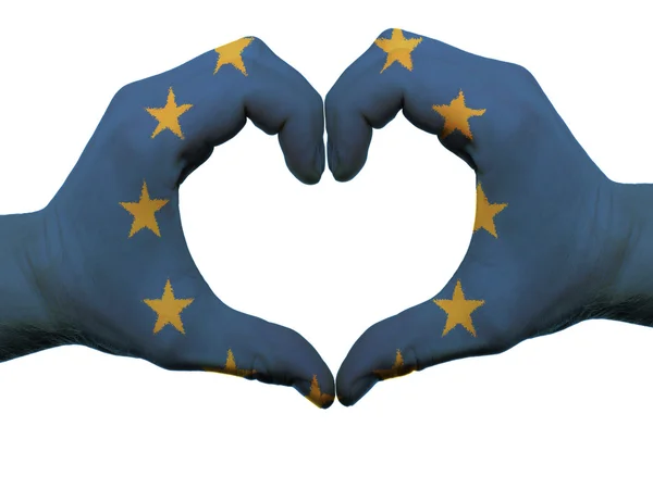 Serca i miłości gest w kolorach flagi Europy przez ręce na białym tle o — Zdjęcie stockowe