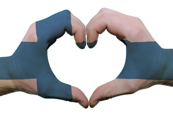 Herz- und Liebesgeste in den Farben der finnischen Flagge an isolierten Händen — Stockfoto