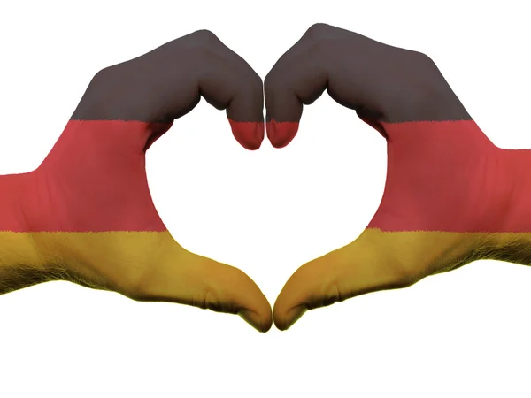 Hart en liefde gebaar in Duitsland vlag kleuren door handen geïsoleerd — Stockfoto