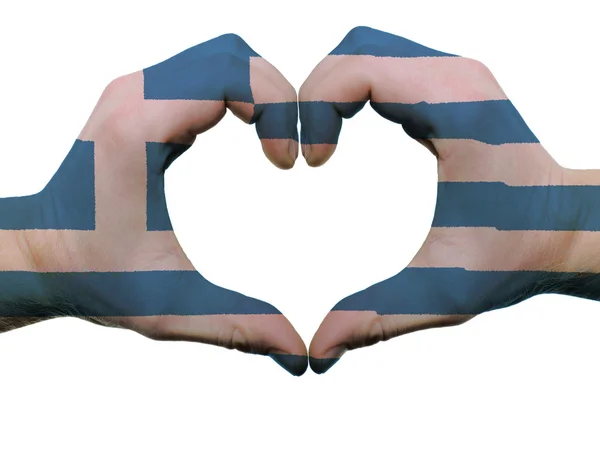 Srdce a lásku gesto v barvách vlajky Řecko izolované o ruce — Stock fotografie