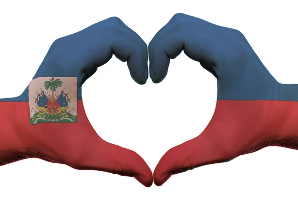 Herz und Liebe Geste in haiti Flagge Farben von Händen isoliert auf — Stockfoto