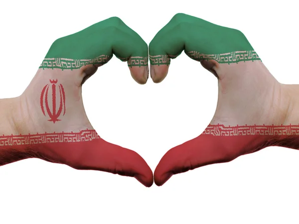 心和爱的姿态在手上孤立伊朗国旗颜色 — 图库照片