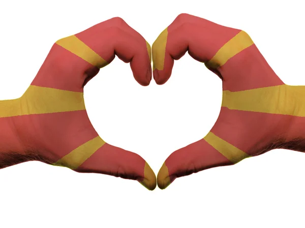 Herz und Liebe Geste in mazedonischen Flaggen Farben von Händen isolieren — Stockfoto