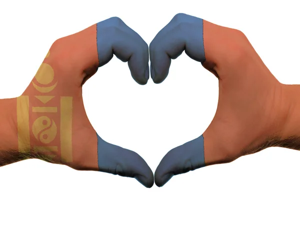 Hart en liefde gebaar in Mongolië vlag kleuren door handen geïsoleerd — Stockfoto