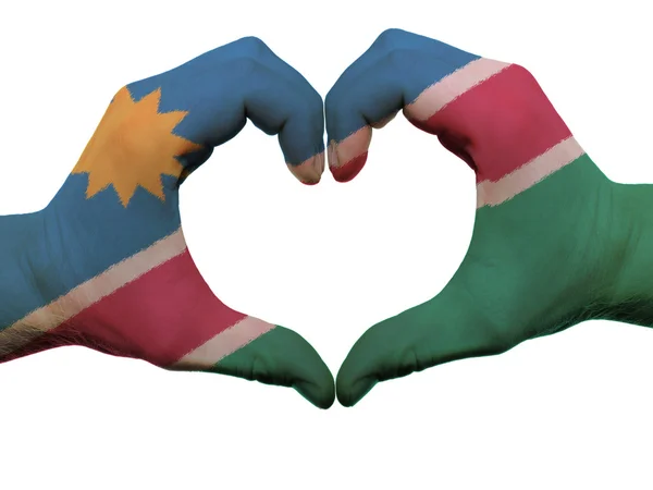 Heart and love gesture in namibia flag colors by hands isolated — Stock Photo, Image