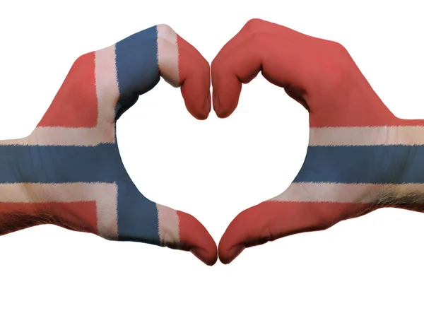 Hart en liefde gebaar in Noorwegen vlag kleuren door handen geïsoleerde o — Stockfoto