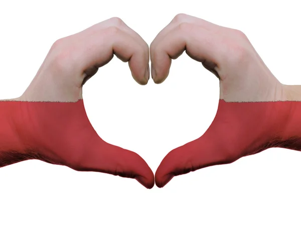 Καρδιά και αγάπη χειρονομία σε χρώματα σημαία Πολωνίας από απομονωμένες o χέρια — Φωτογραφία Αρχείου