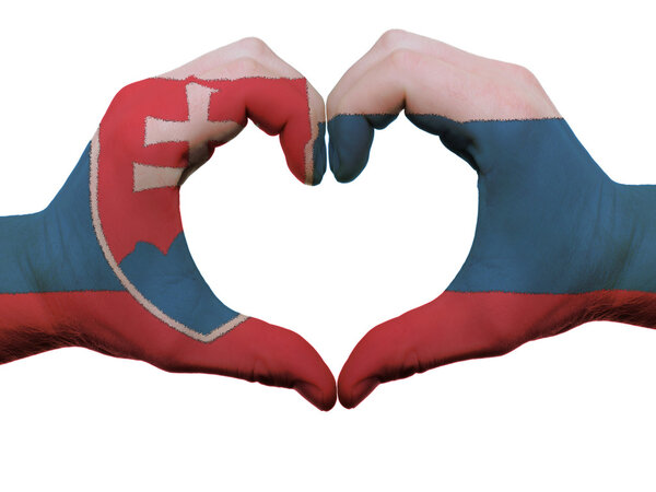 Heart and love gesture in slovakia flag colors by hands isolated