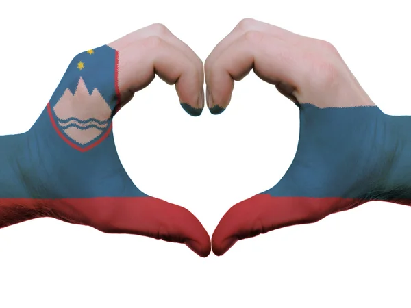 Corazón y gesto de amor en colores de bandera slovenia por manos aisladas — Foto de Stock