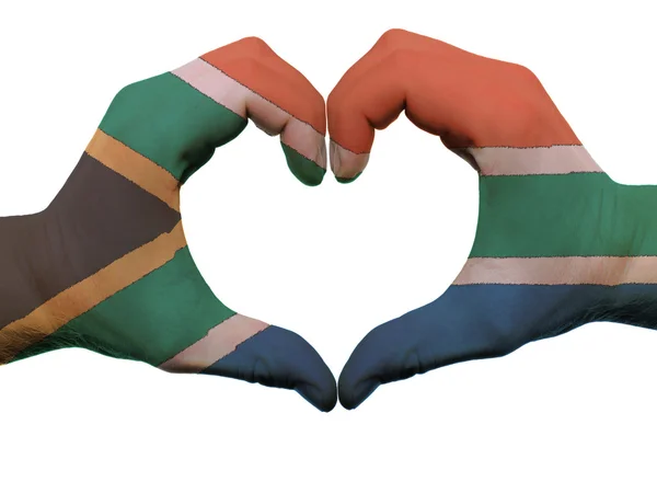 Corazón y amor gesto en colores de la bandera de Sudáfrica por las manos isol —  Fotos de Stock