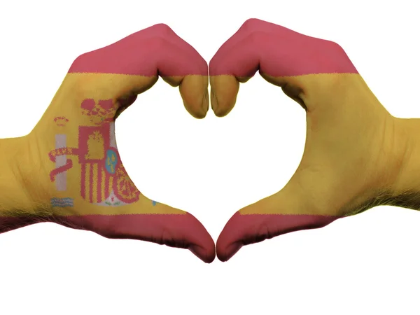 Serca i miłości gest w Hiszpanii flaga kolory przez ręce na tle — Zdjęcie stockowe