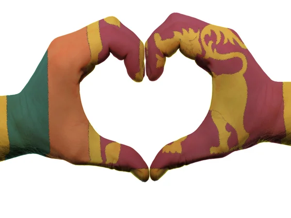 Herz und Liebe Geste in sri lanka Flagge Farben von Händen isolieren — Stockfoto
