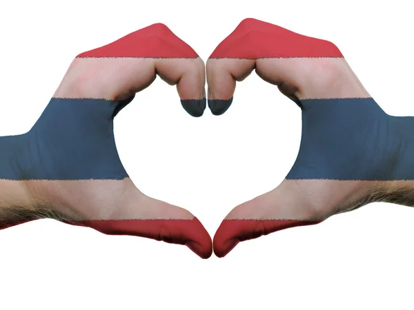 Herz und Liebesgeste in den Farben der thailändischen Flagge an isolierten Händen — Stockfoto