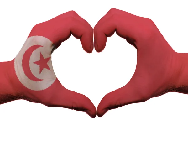 Szíve és a szeretet gesztusa Tunézia lobogó színek kezében elszigetelt — Stock Fotó