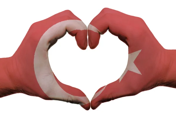 Herz- und Liebesgeste in den Farben der Truthahnfahne mit isolierten Händen — Stockfoto