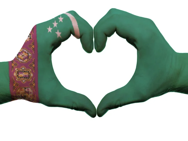 Καρδιά και αγάπη χειρονομία σε χρώματα σημαία του Τουρκμενιστάν από χέρια isol — Φωτογραφία Αρχείου