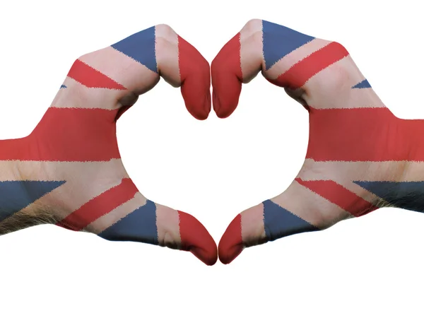 Herz und Liebe Geste in großen britischen Flaggenfarben von den Händen iso — Stockfoto