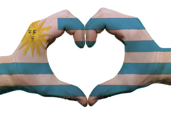 Heart and love gesture in uruguay flag colors by hands isolated — Stock Photo, Image
