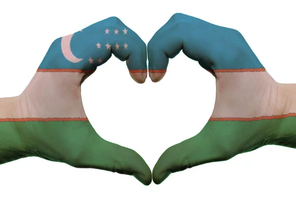 Heart and love gesture in uzbekistan flag colors by hands isolat — Stock Photo, Image