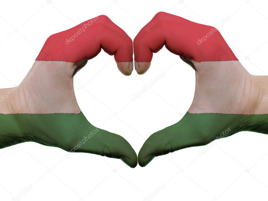 Heart and love gesture in hungary flag colors by hands isolated