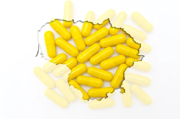 Mappa schematica della lituania con pillole sullo sfondo per la salute — Foto Stock