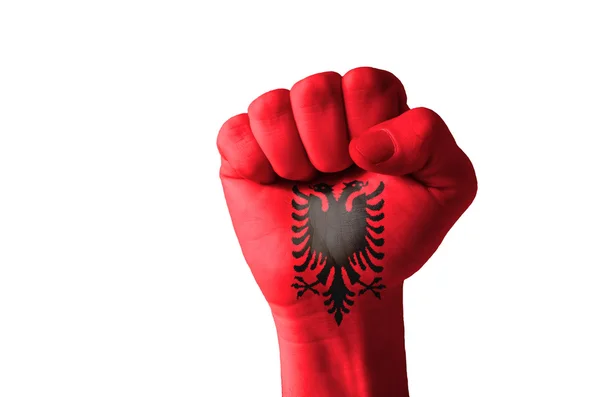 Fist painted in colors of albania flag — Stock Photo, Image