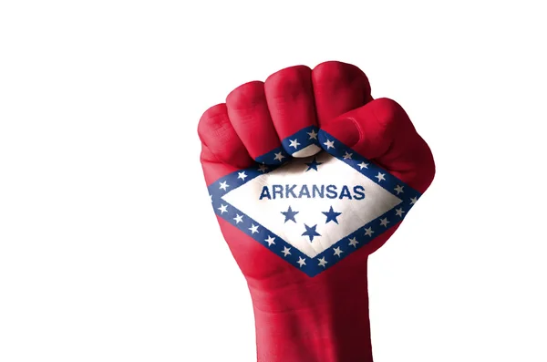 Fist painted in colors of us state of arkansas flag — Stock Photo, Image