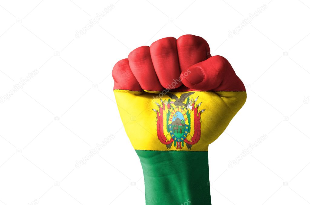 Fist painted in colors of bolivia flag